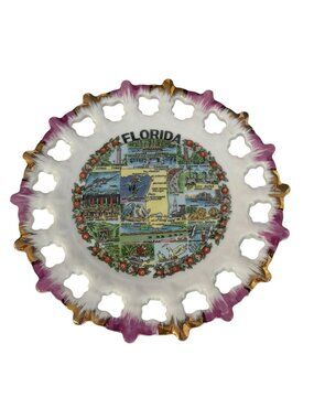 Vintage Kenmar Japan Florida Souvenir Lace Edge Wall Plate 7" Gold Trim Tourist